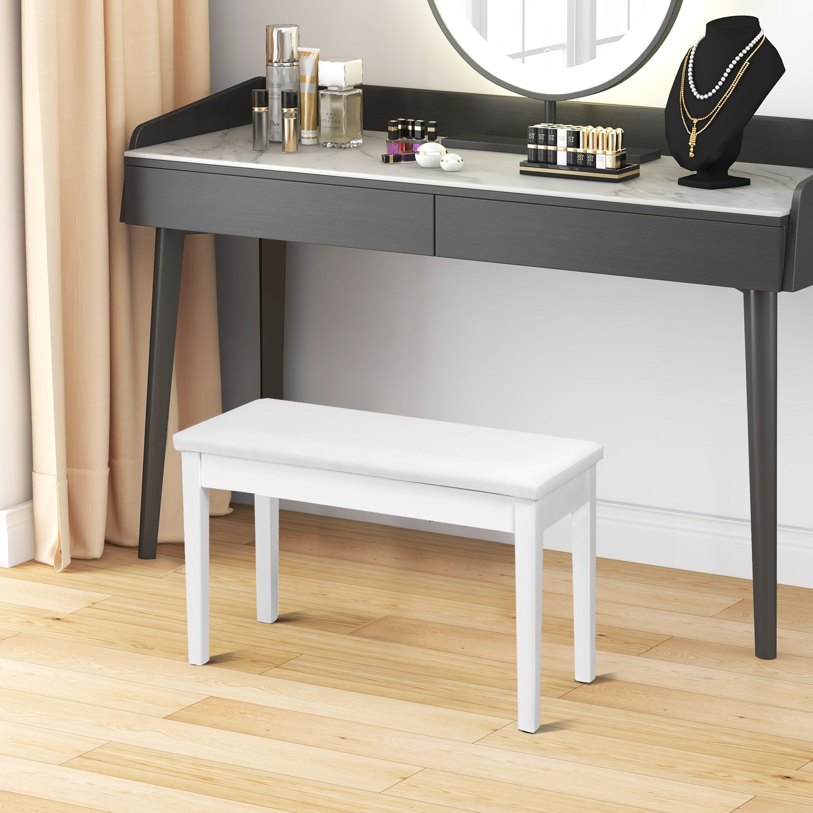 2-in-1 Padded Piano Bench with Storage Space White